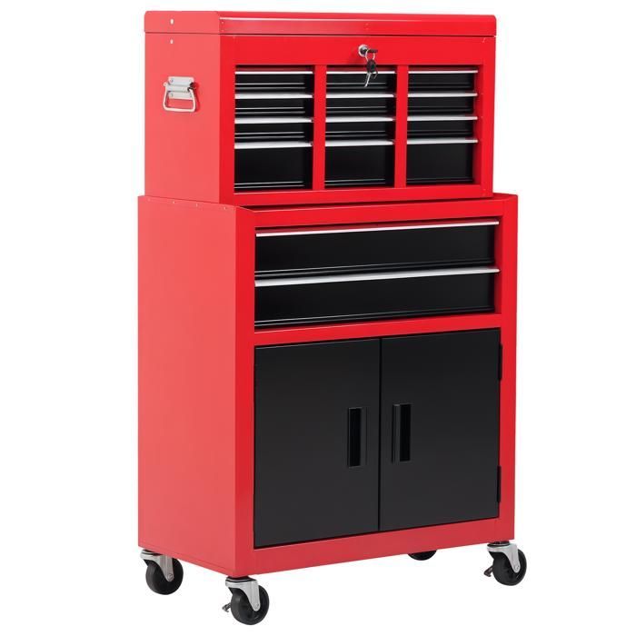 Servante d'atelier - HOMCOM - caisse à outil 6 tiroirs 1 commode coffre amovible chariot - acier - rouge noir