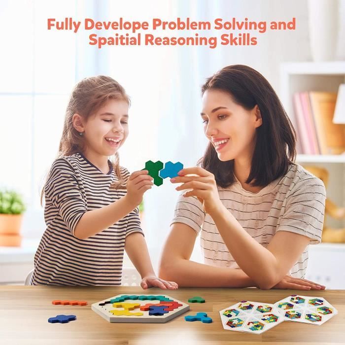 Juguete de lógica - Rompecabezas hexagonal - 14 piezas - 7 colores - A partir de 3 años - Montessori