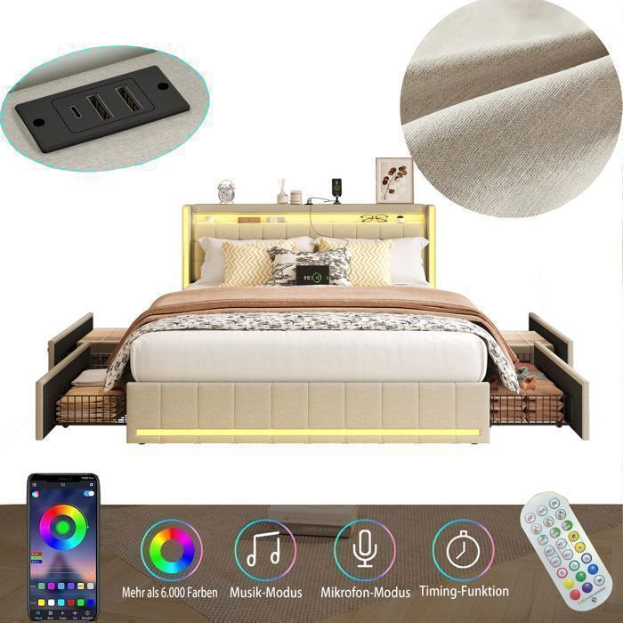 Lit 140x190 cm - COZY - LED - Tiroirs - cadre de lit double 140x190 cm - lit adulte 140x190 cm - tissu lin - beige