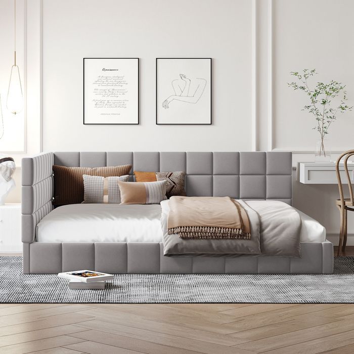 MEUBLIV Upholstered Daybed 140x200cm Adult Bed with Slatted Base, Velvet, Grey
