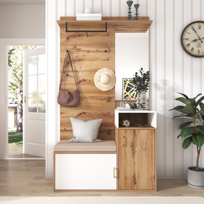 Garderobenset für den Eingangsbereich 105x40x190cm - Garderobenständer + Schuhbank + Spiegel - Weiß+Natur