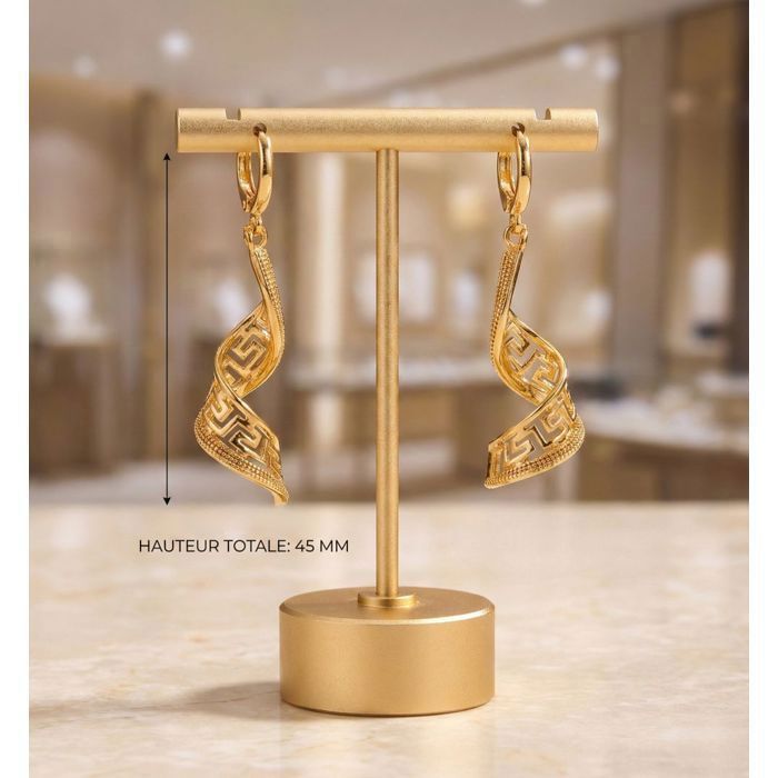 Boucles d'Oreilles - Femme - Pendantes - Spirale - Grecque – Plaqué Or Jaune 750/1000 - 45 mm