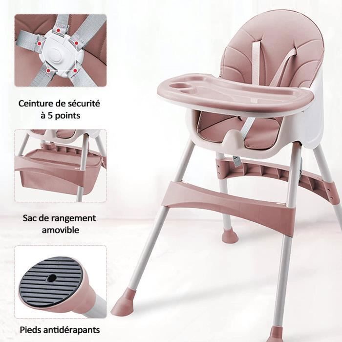 Baby/Toddler High Chair - Adjustable Height - Removable Tray - 5-Point Harness, 3-in-1 Wheeled Toddler Chair - Pink