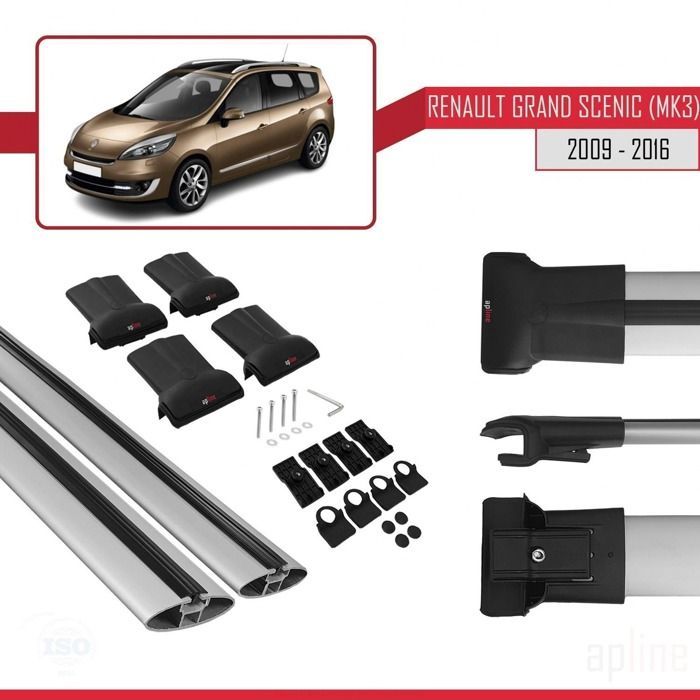 Barres de Toit - FLY - Modèle GRIS - Compatible Renault Grand Scenic - Aluminium - Charge < 300 kg