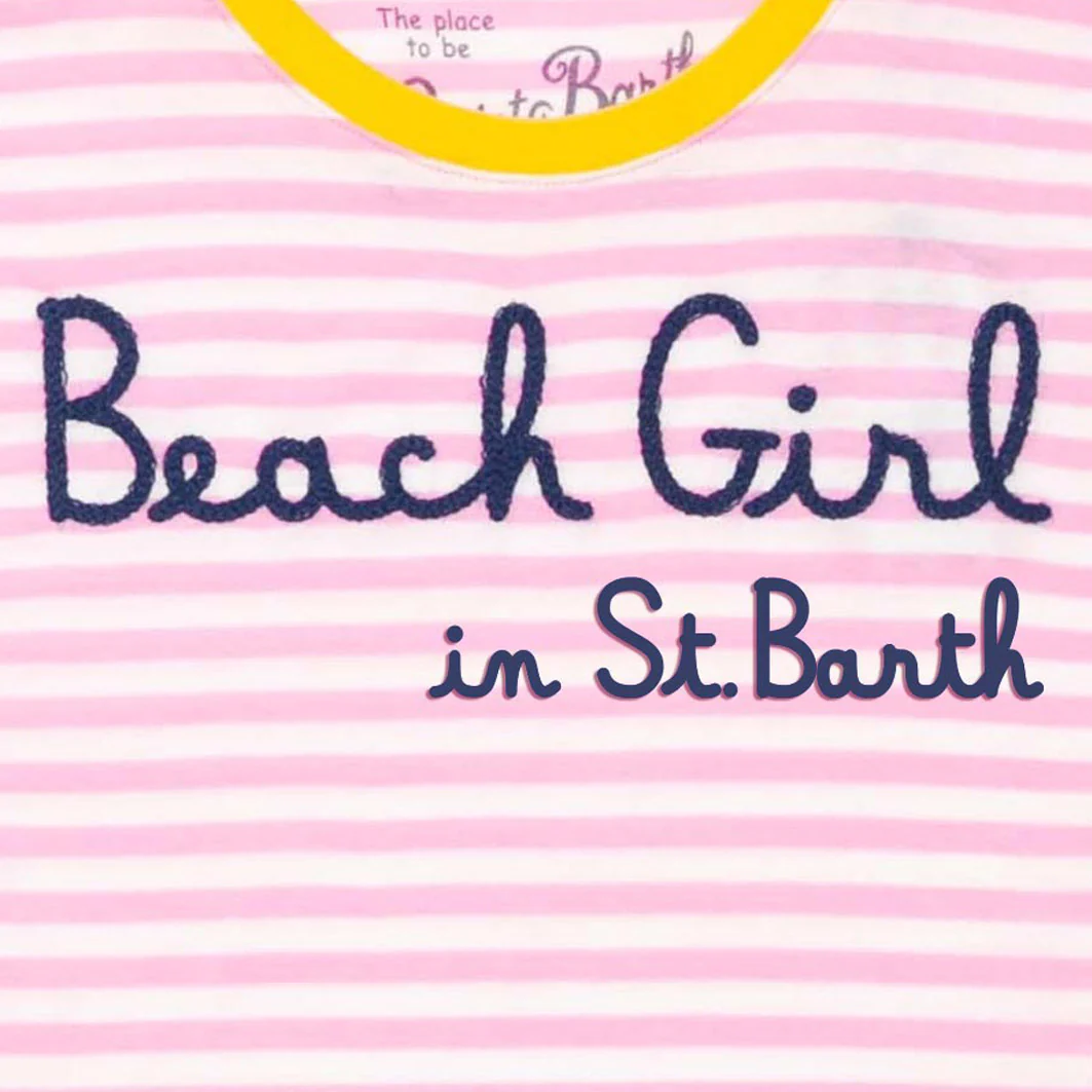 T-shirt a righe rosa con ricamo Beach Girl in St.Barth