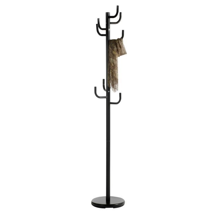 Perchero MILA, independiente, de 174 cm de altura, con base redonda y 8 ganchos, mueble de entrada de metal lacado en negro.