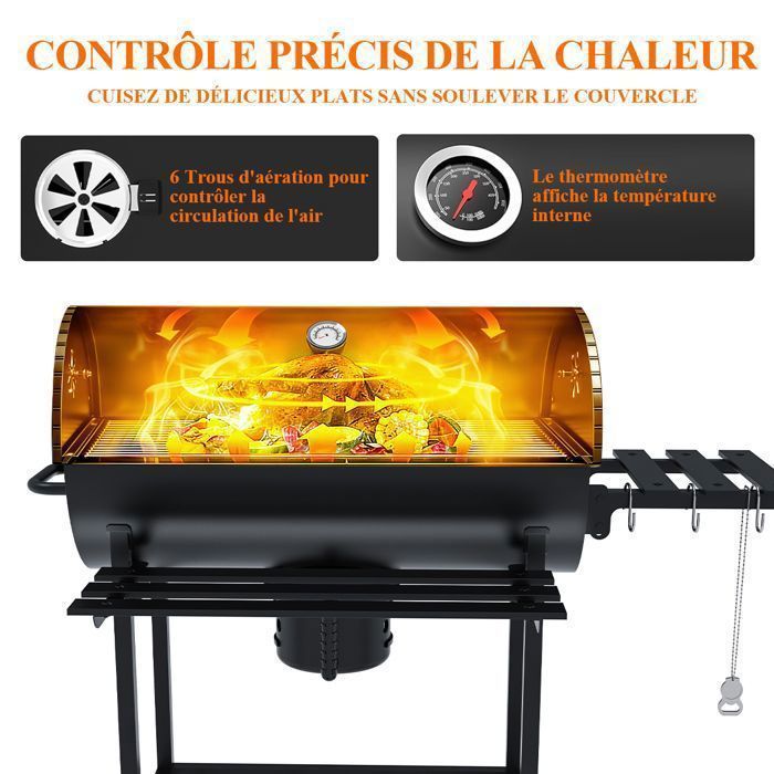 Charcoal Barbecue with Cooking and Warming Rack - Barbecue with Thermometer, Electric Rotisserie, 2 Folding Side Shelves