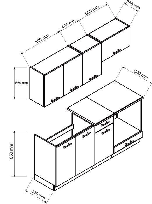 Cozinha completa MILA de 6 peças na cor Sonoma com bancada inclusa - Comprimento 180 cm