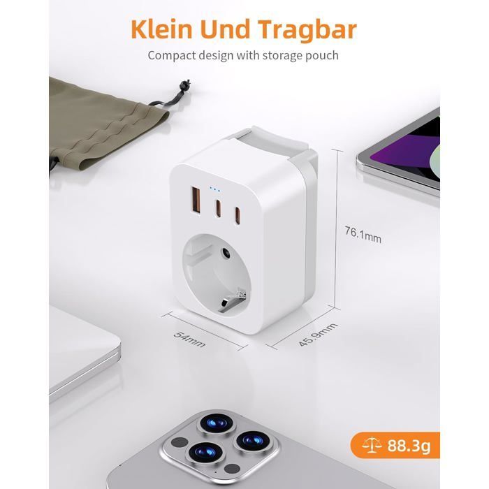 Kit mundial de adaptadores de viaje, adaptador de enchufe internacional con USB-C (PD 20W), 8 enchufes de viaje extraíbles