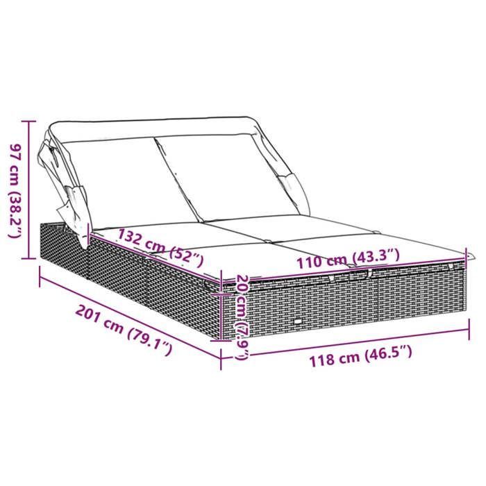 vidaXL Transat 2 places avec toit pliable noir 213x118x97 cm, chaise longue, chaise longue d'extérieur, lit de salon, lit de 319650