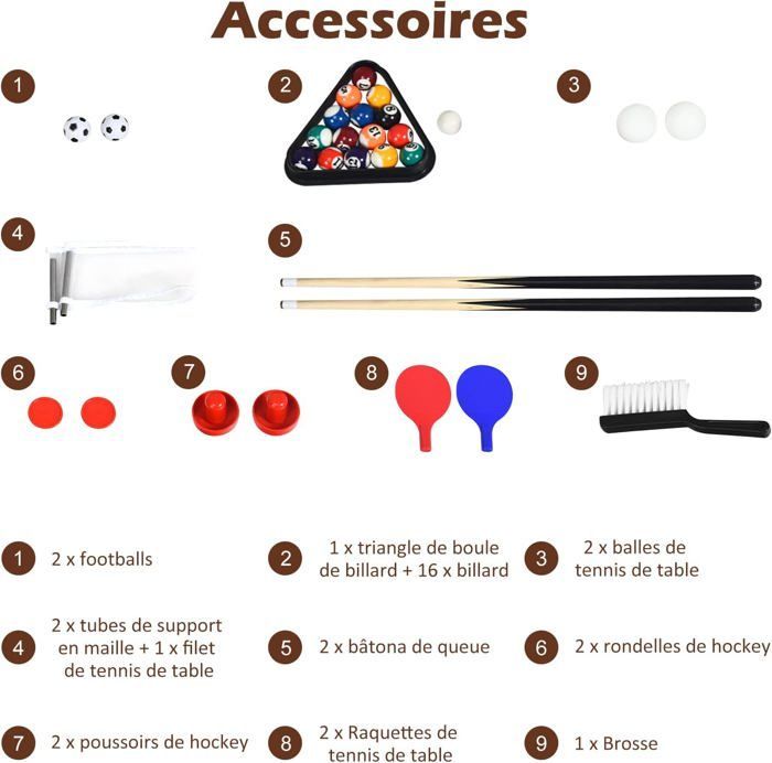 GOPLUS Table Multi-jeux, Table de Jeu Combinée 4en1 avec Accessoires, Plateaux Empilables de Billard, Air Hockey, pour Salle de