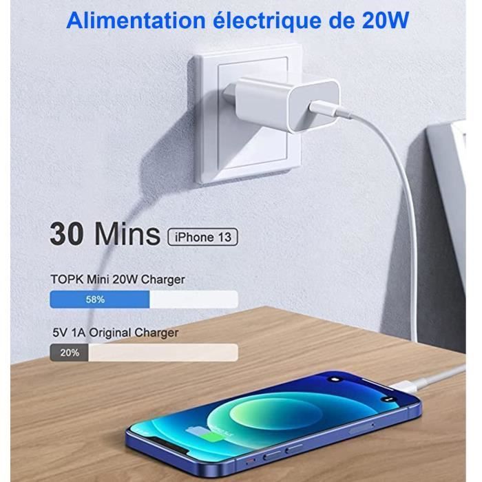 Chargeur Rapide - Apple - iPhone 13 - 20W - USB C - Câble 2m Lightning