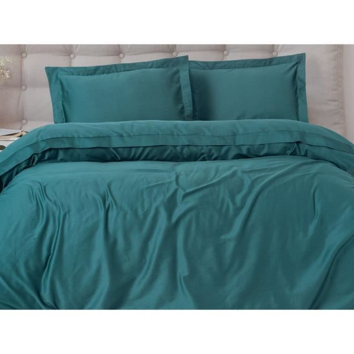 Parure de lit - 1 housse de couette 220 x 240 cm + 2 taies d'oreiller 60 x 60 cm - Satiné 100% coton - Bleu