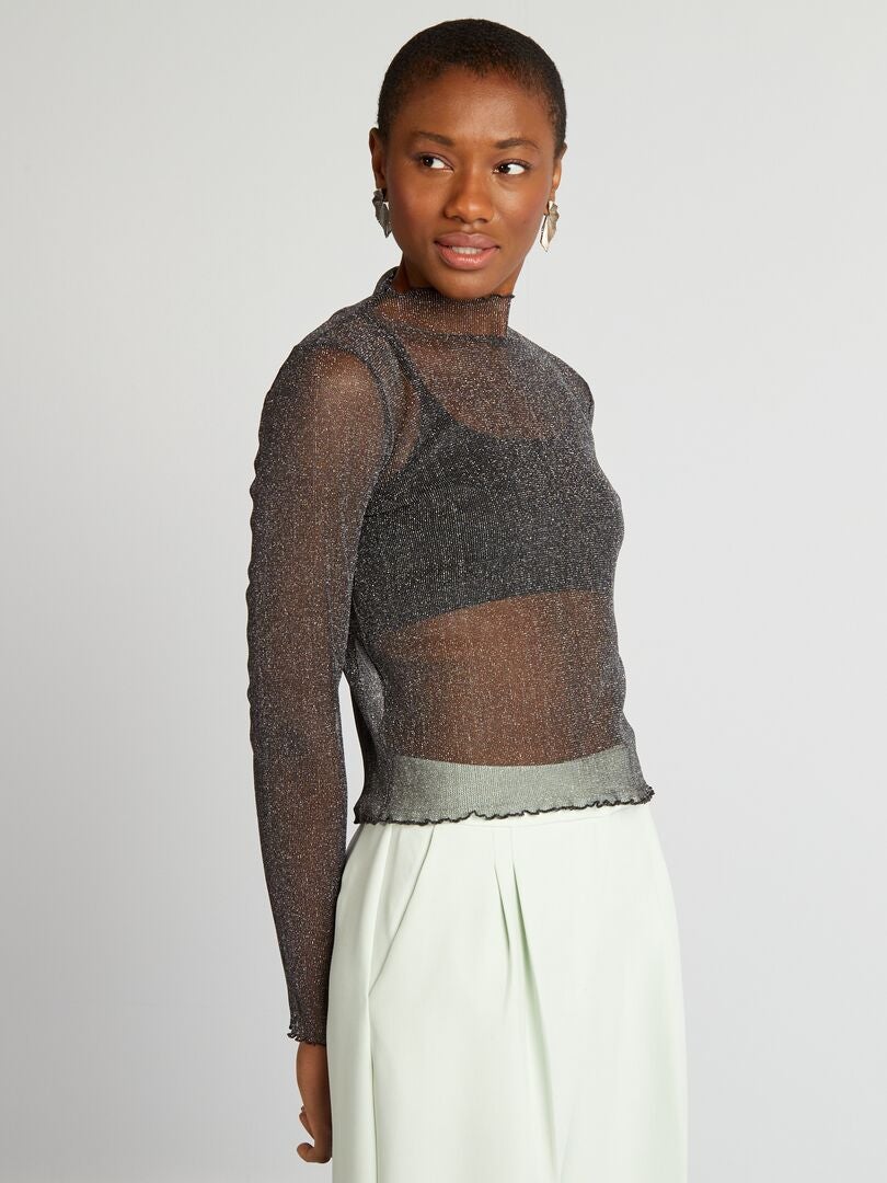 Camiseta metálica transparente con volantes - NEGRA