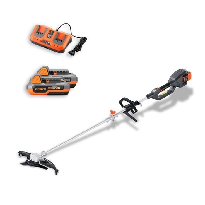 Desbrozadora inalámbrica FUXTEC FX-E2MS con 2 baterías de 20 V y 2 Ah, cargador doble de 2,4 A incluido, hilo y cuchilla, ancho de corte de 25,5 a 35 cm.