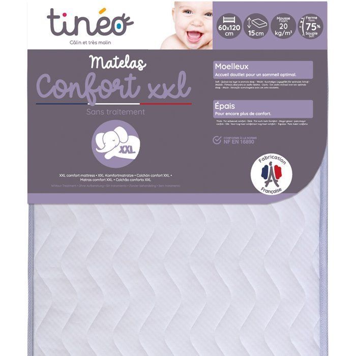 Materasso comfort per neonati TINEO XXL 60x120x15cm - Non trattato - Prodotto in Francia - Garanzia di 2 anni