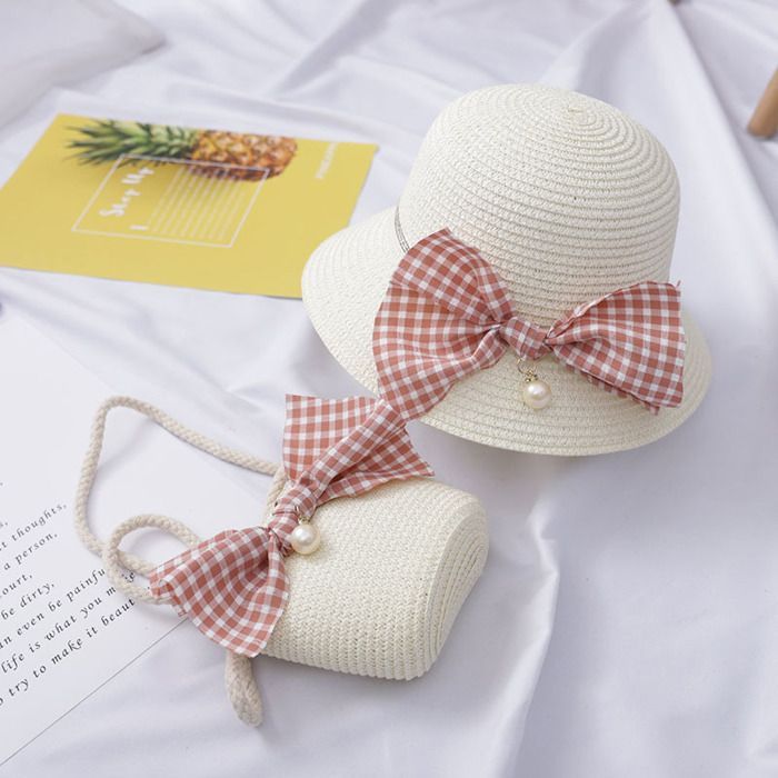 FUNMOON Sombrero para niñas, sombrero de princesa con lazo, sombrero de paja para el sol + bolso, conjunto de playa de 2 piezas - 394032