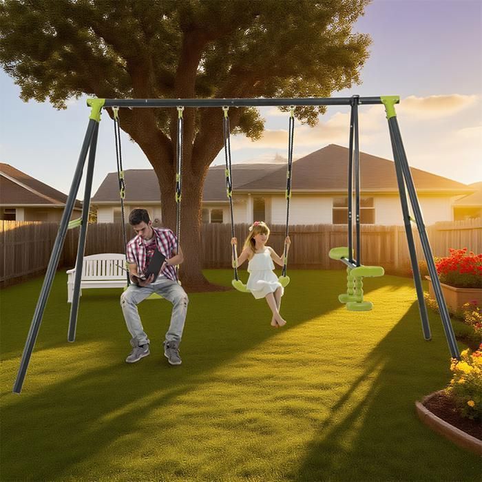 Balancelle Triple Enfant Métal 200 kg - Schaukel 3 Places pour 3+ Ans Extérieur Jardin Playground - 256x136x180 cm