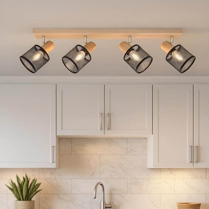 Ceiling light - NETTLIFE - 4-spot E14 ceiling light - 4 x E14 25W - Vintage wood & metal - 350° swivel spotlights