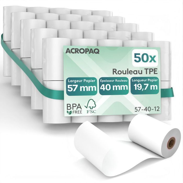 ACROPAQ 50 rollos térmicos para terminales de pago 57x40x8mm - 19,7m - 50 rollos EFT - Sin BPA - Tamaño universal