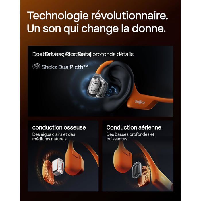 Auriculares de conducción ósea Openrun Pro 2, Bluetooth 5.3, micrófono con cancelación de ruido, IP55, 12 horas de autonomía, carga rápida USB-C, color naranja.