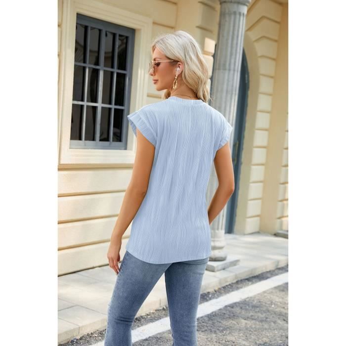 T-Shirt Femme Ete Manches Courtes Col Rond Casual Tee Shirt Lache Couleur Unie Tissu Confortable - Taille EU - Bleu Clair