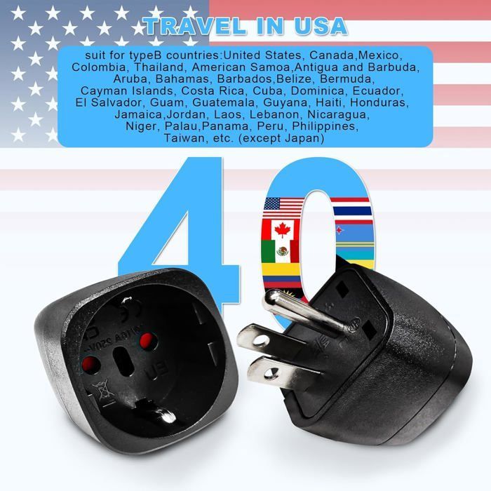 Adaptador de enchufe estadounidense de 2 piezas, accesorios de viaje, de 2 pines franceses a 3 pines estadounidenses (Canadá, México, Tailandia), tipo B (blanco).
