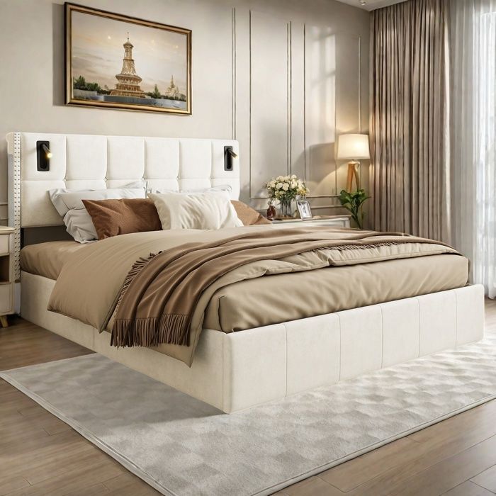Letto contenitore 160 x 200 cm, letto 160x200 con rete a doghe, letto matrimoniale, struttura letto, con lampada da lettura da comodino, beige, velluto
