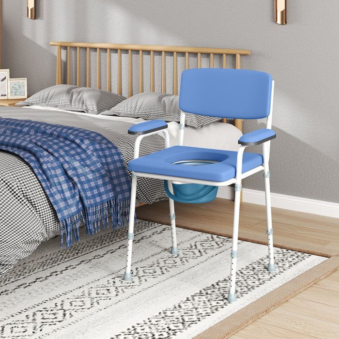 Chaise percée toilette HOMCOM multifonctions seau amovible hauteur réglable avec dossier siège et accoudoirs rembourrés bleu