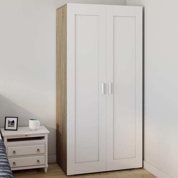 IDMARKET VITO garderob med 2 dörrar, vit och trä, 80 cm hängyta med hyllor, maximal förvaringskapacitet