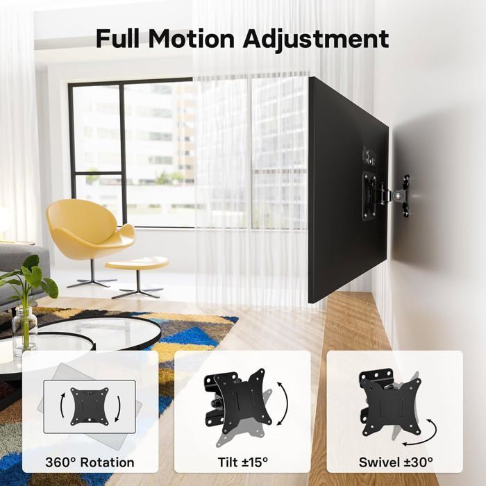 Soporte de pared para TV, soporte universal giratorio e inclinable para monitores de PC, compatible con televisores y monitores planos/curvos de 13 a 30 pulgadas.