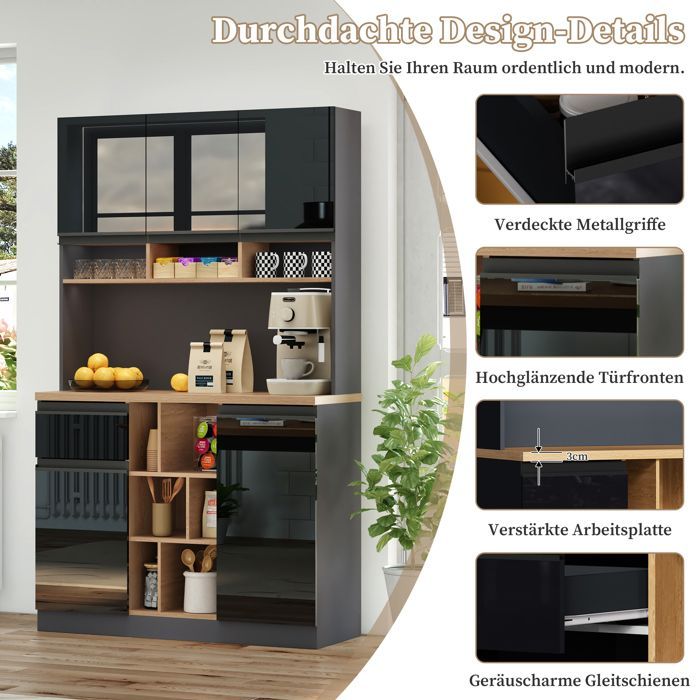 Buffet de Cuisine Haut Armoire Meuble de Rangement Vaisselier avec Tiroir Étagères Ajustables Bar à Café Noir 105×45×185 cm