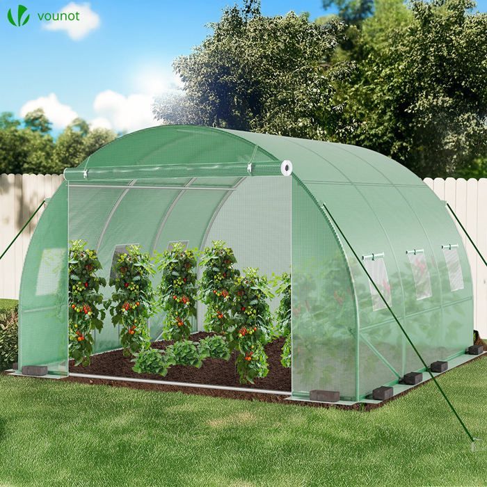 Serre de jardin tunnel - VOUNOT - 9m² Vert - Acier galvanisé - Fenêtre anti-moustiquaire, porte enroulable, barre anti-tempête