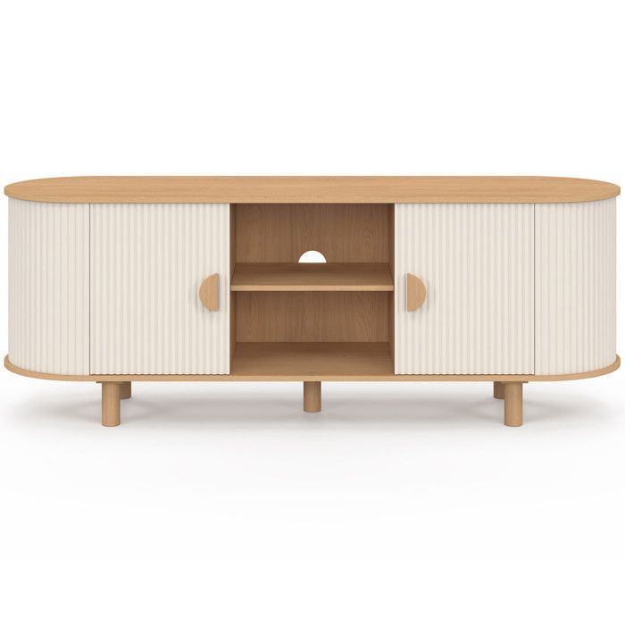 Mobile porta TV IDMARKET KANEL da 140 cm con 2 ante, finitura beige scanalata e legno.