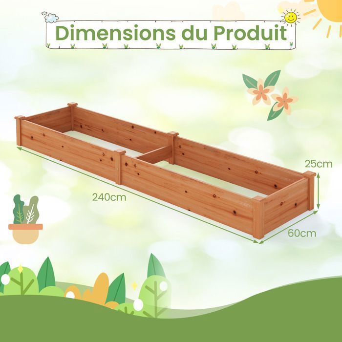 Huerto elevado de madera COSTWAY, 240 x 60 x 25 cm, 2 jardineras, base abierta, huerto para flores, hierbas y frutas, color naranja.