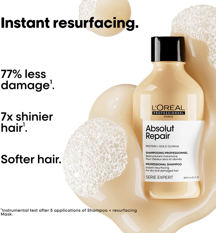 Shampoo L'Oréal Professionnel Serie Expert Absolut Repair, regenerador profundo para cabelos secos e danificados.