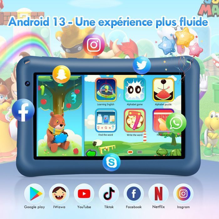 Tablette Enfants 7 Pouces,Android 13,8GB RAM 64GB ROM,Octa-Core,5800mAH,Contrôle Parental,avec Kid-Proof Étui-Bleu