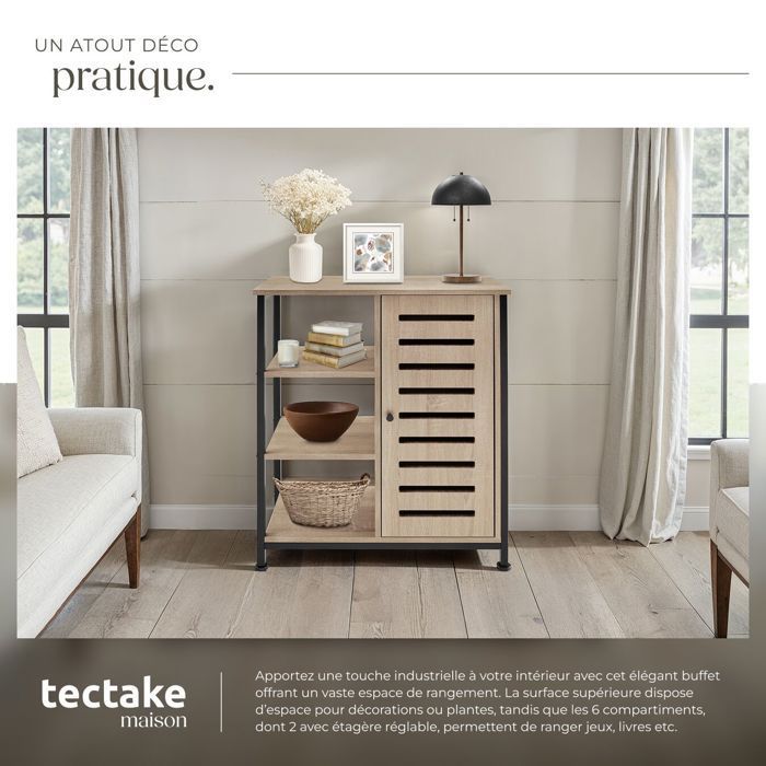 Buffet - TECTAKE - Buffet de cocina en acero y madera con 2 estantes ajustables y puertas magnéticas 71 x 32 x 82 cm - Madera clara