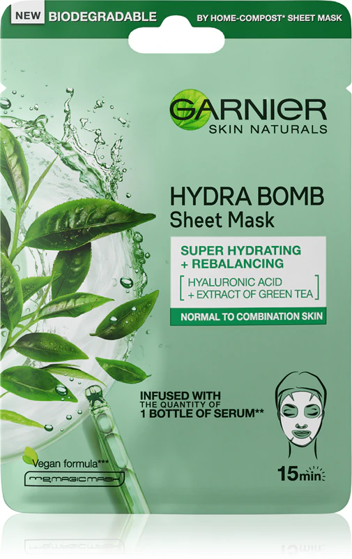 Máscara facial em tecido Garnier Hydra Bomb, intensamente hidratante e purificante, para pele normal e mista.
