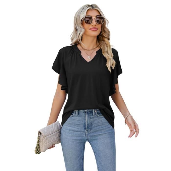 T-Shirt Femme Ete Manches Courts Col V Casual Tee Shirt Tops Manches à Volants Couleur Unie - Noir