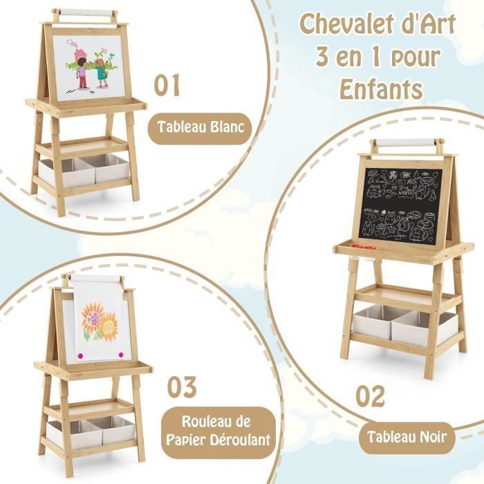 Caballete infantil COSTWAY (magnético, blanco y negro), rollo de papel (papel incluido), 3 estantes y 2 cajas de almacenamiento de materiales naturales.