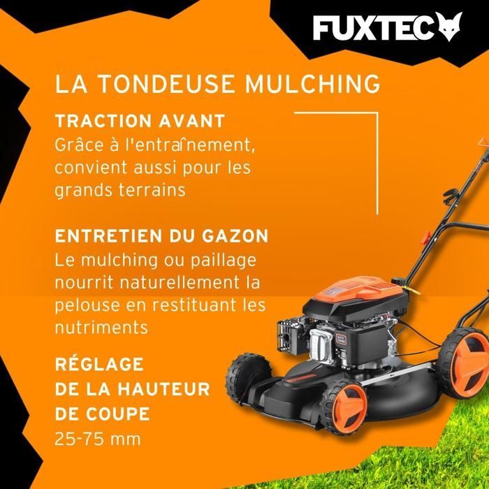 De Fuxtec zelfrijdende benzine-mulchmaaier met een cilinderinhoud van 196 cc en een maaibreedte van 51 cm geeft uw gazon een nieuw leven.