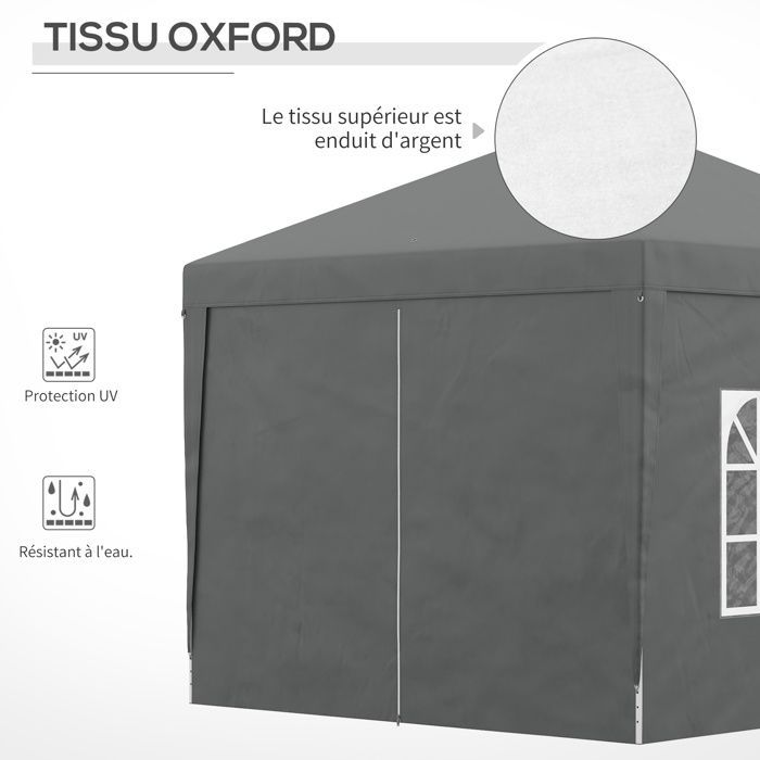 Tonnelle tente de réception barnum pop-up pliant 3 x 3 m 4 parois amovibles + sac de transport gris