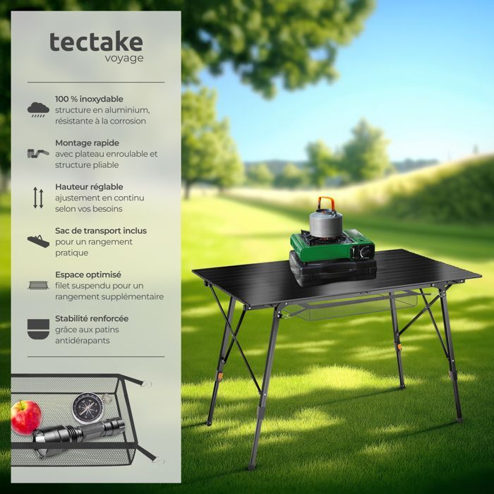 Mesa de camping - TECTAKE - Mesa plegable BASTIAN de aluminio resistente a la intemperie, altura regulable, 120x70,5x58-79cm - Negra