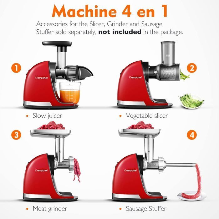 Extracteur de Jus AMZCHEF Lente 99.9% de Saveur Originale Juicer Presse à Froid Facile à Nettoyer sans BPA Rouge