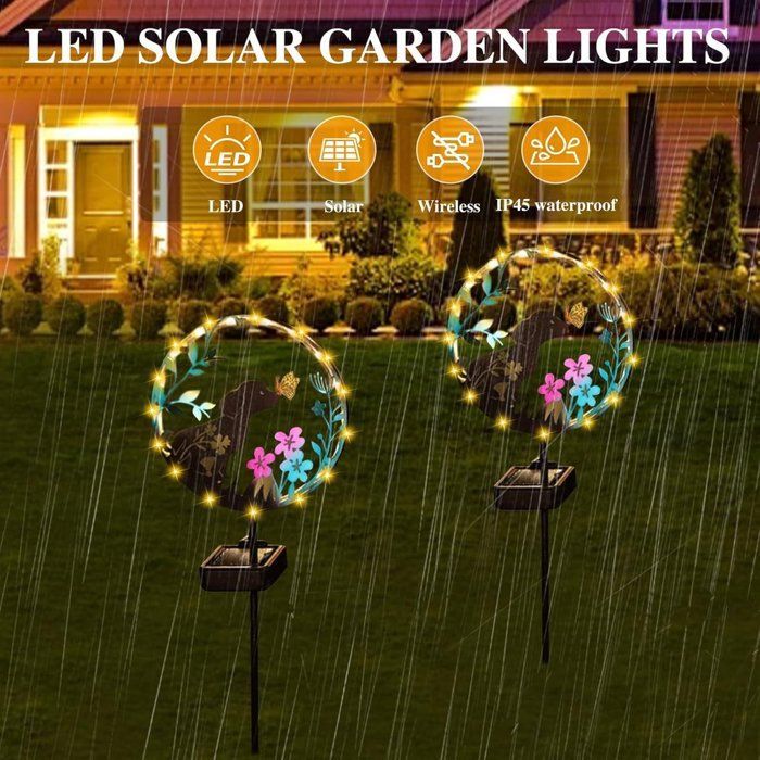 Luminária solar externa de dois fios - Material: metal - Resistente às intempéries - Iluminação solar para jardim