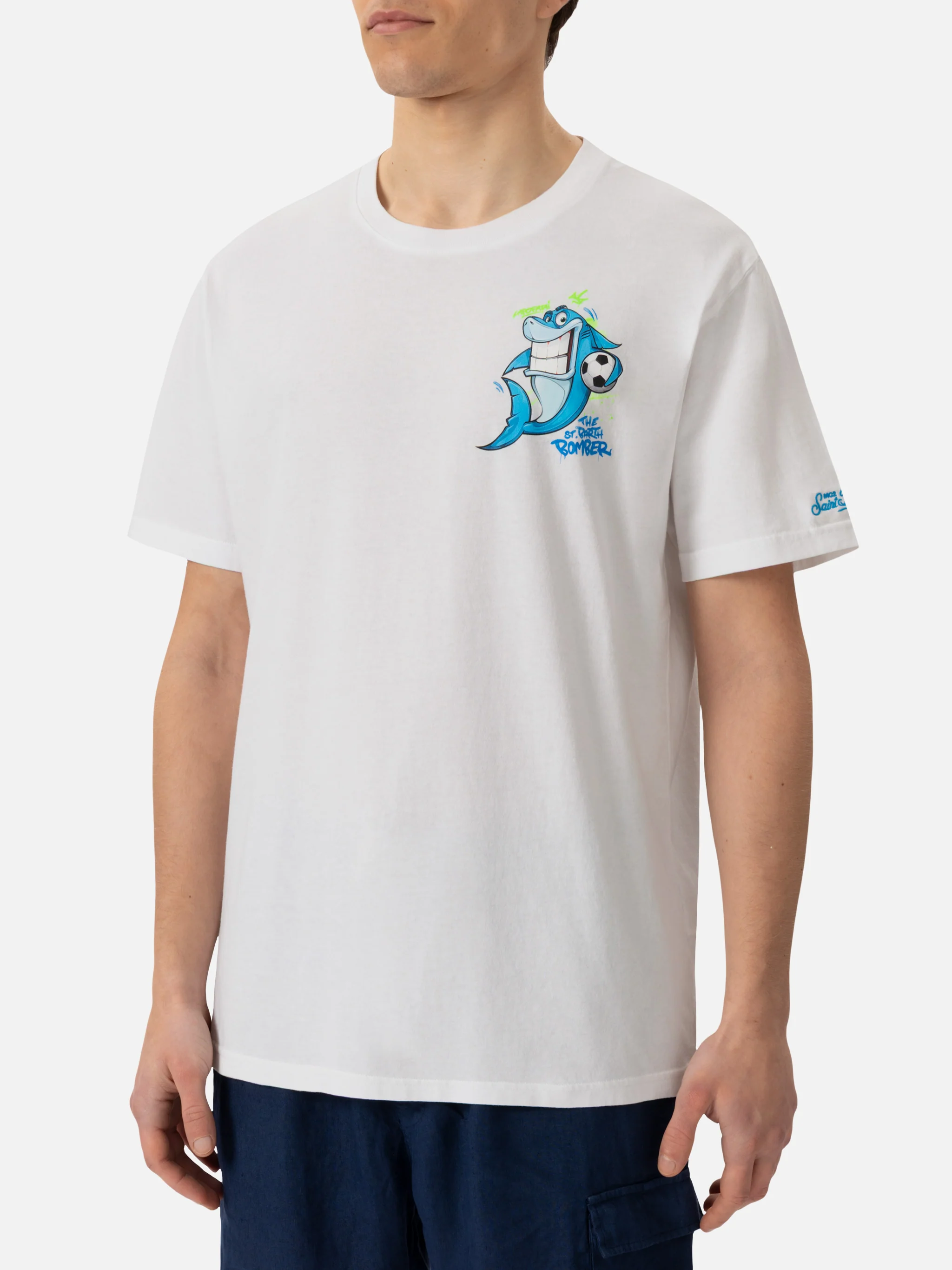 Heren katoenen T-shirt met Cryptopuppets Shark Bomber-print | CRYPTOPU