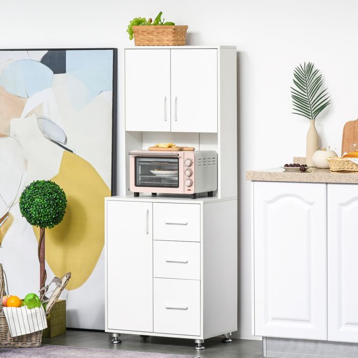 Aparador alto de cocina - HOMCOM - 3 puertas, 3 cajones y encimera - aglomerado - 60 x 40 x 160 cm - blanco