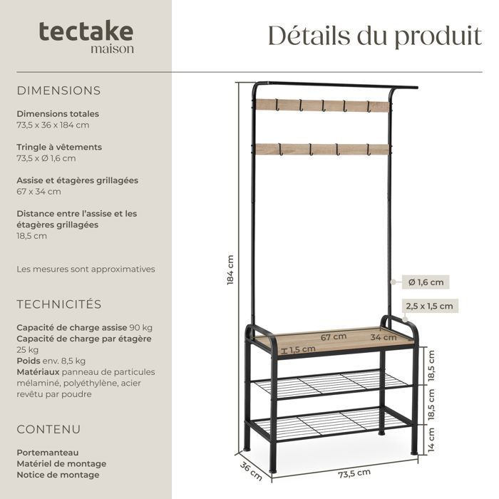 Wardrobe - TECTAKE - WICHITA wardrobe in powder-coated steel and wood, 73.5 x 36 x 184 cm - Light wood/Sonoma oak