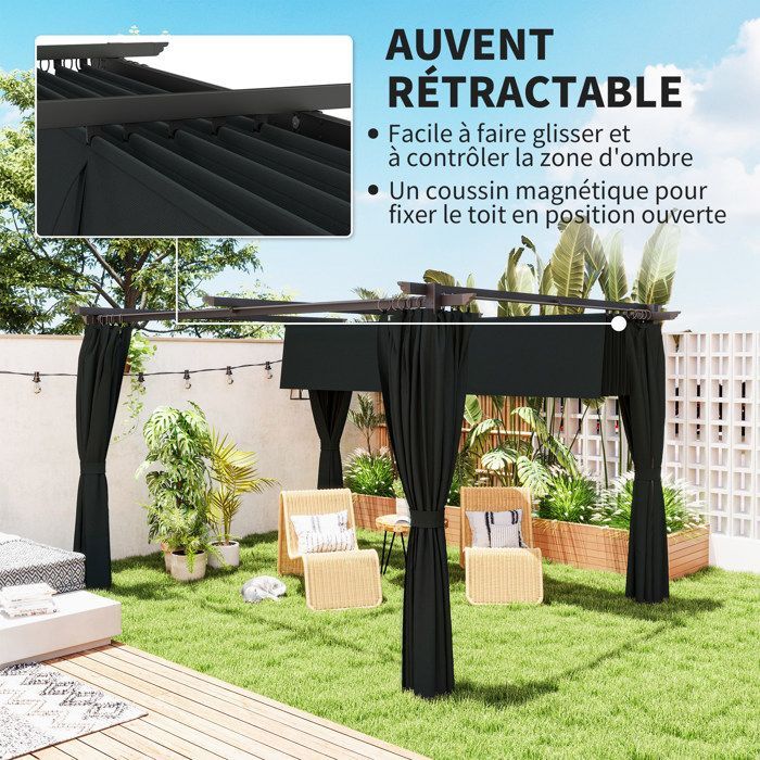 Pérgola retráctil Outsunny de 4 x 3 m con cortina y techo corredizo - Aluminio, metal, poliéster de 180 g/m² - Gris oscuro